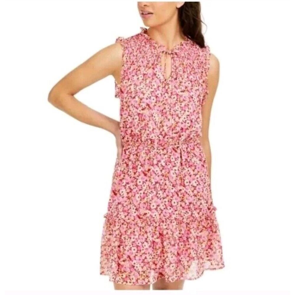 Gypsies & Moondust Sleeveless Pink Floral Ruffle Chiffon Sun Dress Smocked Sz S